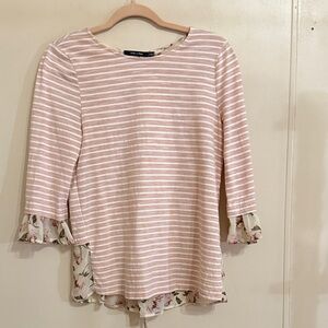 Doe & Rae Boho Blouse Small Pink Stripe Floral Ruffle Lace Up Back Top NWOT